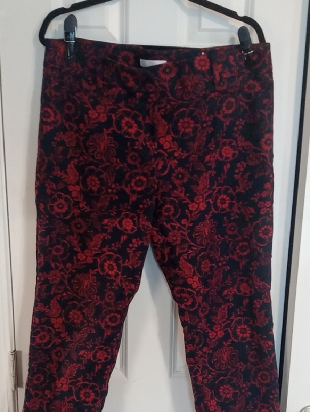 Ann Taylor Navy Blue & Red Floral Cropped Pants with Brass Details